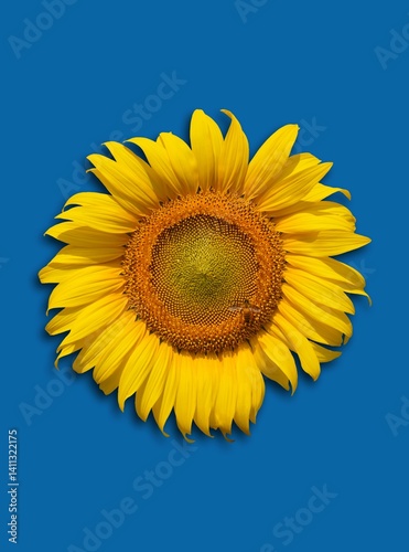 sunflower and bee on blue background