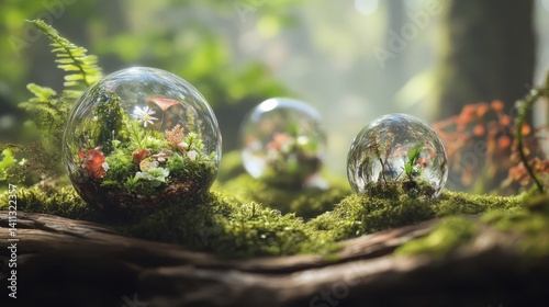 Crystal Earth: Translucent crystal spheres encased in miniature ecosystems su...