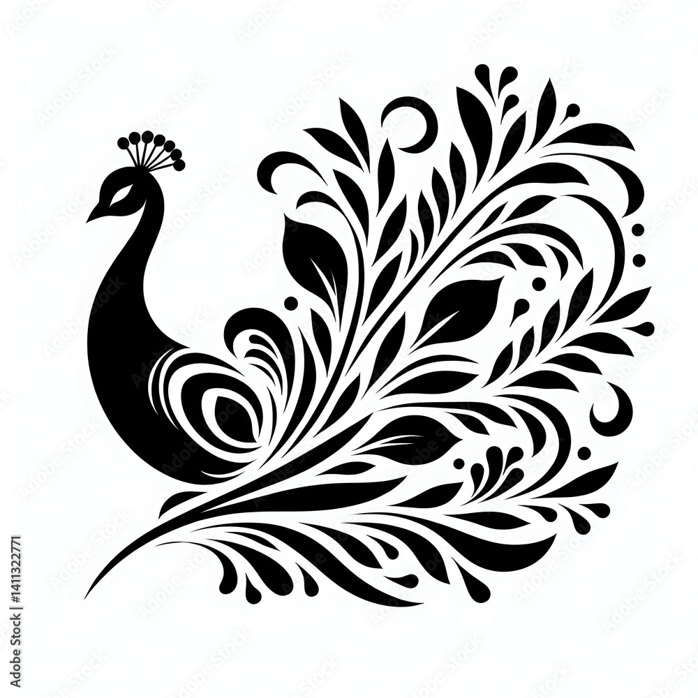 Flat and minimal Peacock icon Design of black silhouette Flat and minimal Peacock icon Design of black silhouette