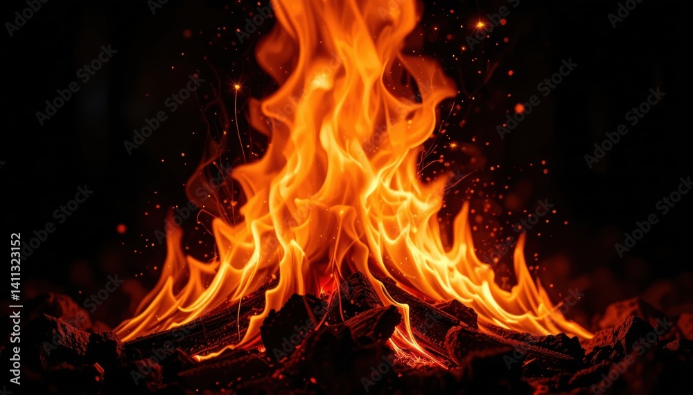 Fototapeta premium Fiery Inferno: Glowing Embers and Dancing Flames Against Black