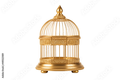 A golden birdcage with an ornate design standing against a plain transparent background in a studio shot png