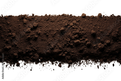 A close up view of dark brown soil with clumps and a transparent background in a horizontal format png