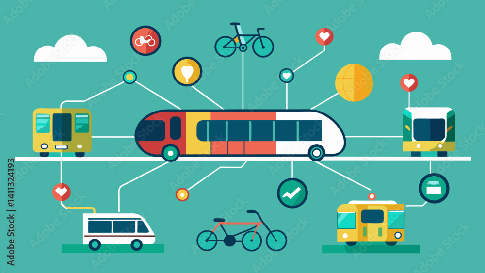 A smart transportation network where buses trains and bikes are all connected and share data to offer seamless and sustainable mobility options for commuters.. Vector illustration