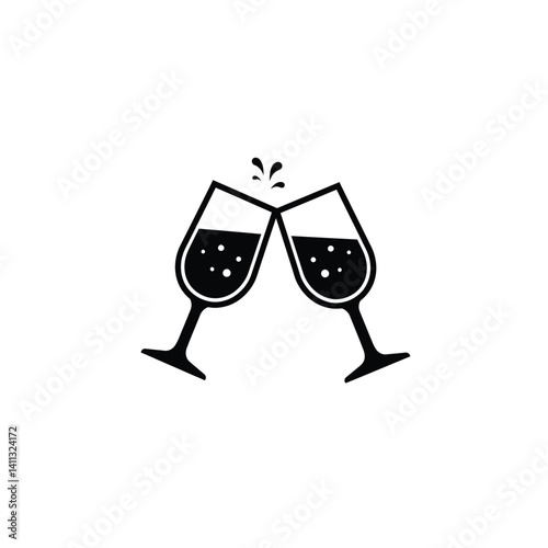 Two Champagne Glasses Clinking Black And White Minimalist Celebration Icon Vector Illustration
