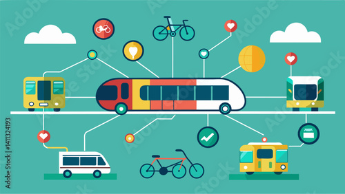 Obraz na płótnie A smart transportation network where buses trains and bikes are all connected and share data to offer seamless and sustainable mobility options for commuters.. Vector illustration w salonie