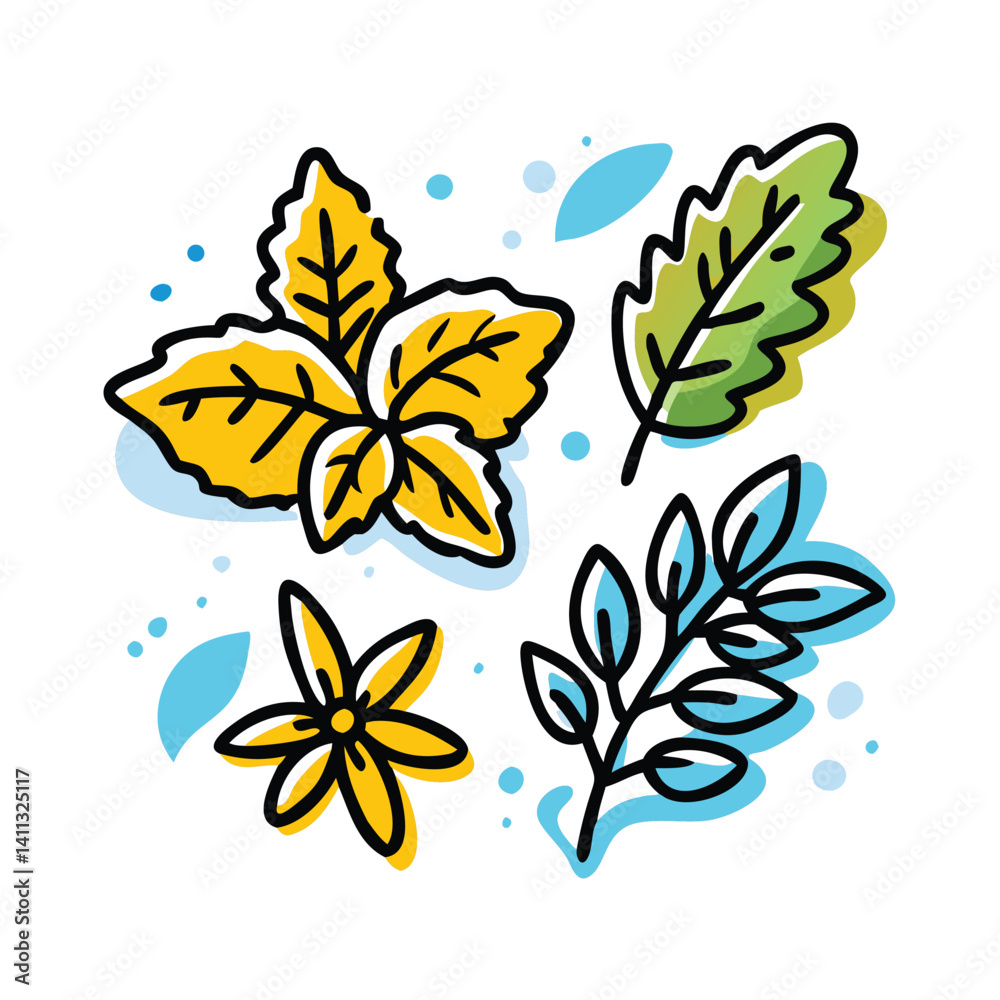Obraz premium Leaf Doodle Icon Set – Hand Drawn Vector Botanical Elements