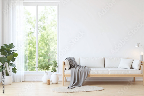 living room with a white couch and a large window
