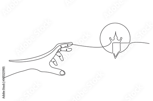 Hand with Winning badge in one continuous line drawing. Single line drawing illustration of Award winning ribbon with hand.  Symbol of a winner concept vector art. Doodle line illustration.