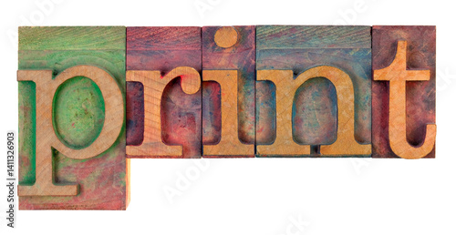 word print in vintage wooden letterpress type blocks, stained by color ink, isolated on white