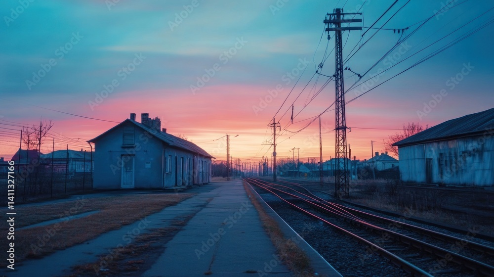 Fototapeta premium Tranquil railway station at sunrise