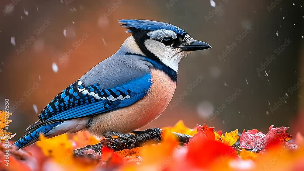 Blue Jay perched on colorful autumn leaves in nature