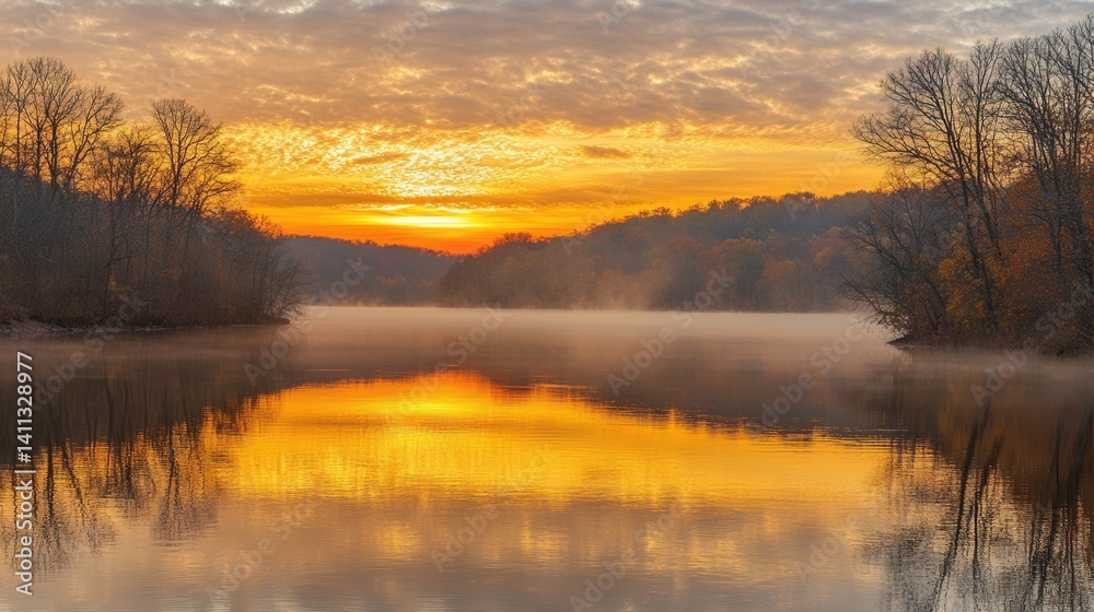 Fototapeta premium Peaceful autumn sunrise over a calm lake