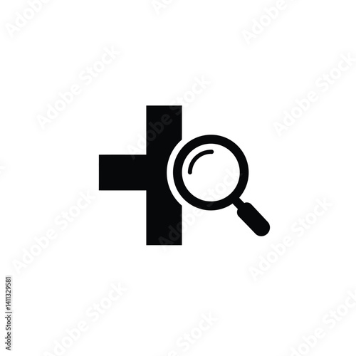 Medical Research Symbol Featuring Plus Sign And Magnifying Glass Icon Design