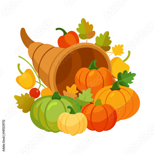 Autumn cornucopia (horn of plenty) with pumpkins. Vector