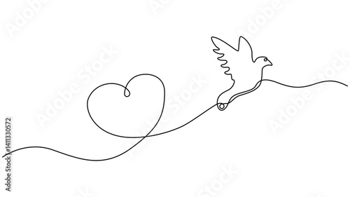 continuous one line drawing of a dove flying towards a heart, symbolizing love and freedom.