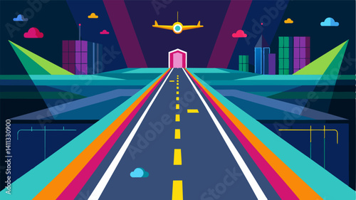 The air taxi lanes were marked with colorful lights creating a futuristiclooking highway in the sky.. Vector illustration