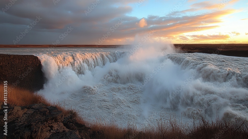 Fototapeta premium Powerful waterfall at sunset. Dramatic cascade