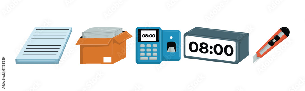 An illustration that features office essentials. The items depicted include a paper stack, a cardboard box, attendance reader, an electronic watch and a cutter. An illustration that features office essentials. The items depicted include a paper stack, a cardboard box, attendance reader, an electronic watch and a cutter.