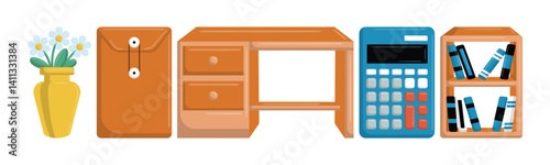 A colorful illustration presenting essential desk items neatly arranged. These objects may represent education, workplace, or domestic environments. Perfect for design or graphic resources.