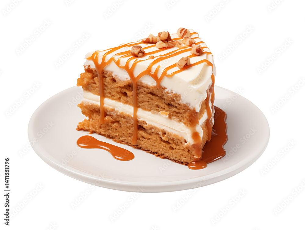 A slice of caramel cake with white frosting and nuts on a white plate with caramel drizzle png A slice of caramel cake with white frosting and nuts on a white plate with caramel drizzle png