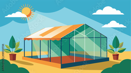 During hot summer days the control system activates the shade cloths to prevent direct sunlight from overheating the greenhouse.. Vector illustration