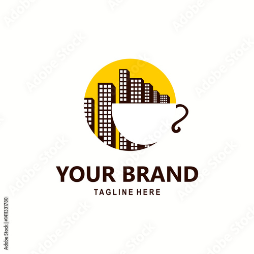 coffee cup and skyscraper logo with sun background