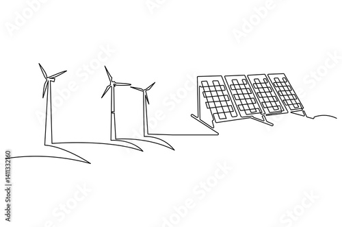 Continuous one line drawing of wind turbine and Solar panel. Single line drawing illustration of wind turbines eco energy. Renewable source energy concept vector art. Doodle line illustration.