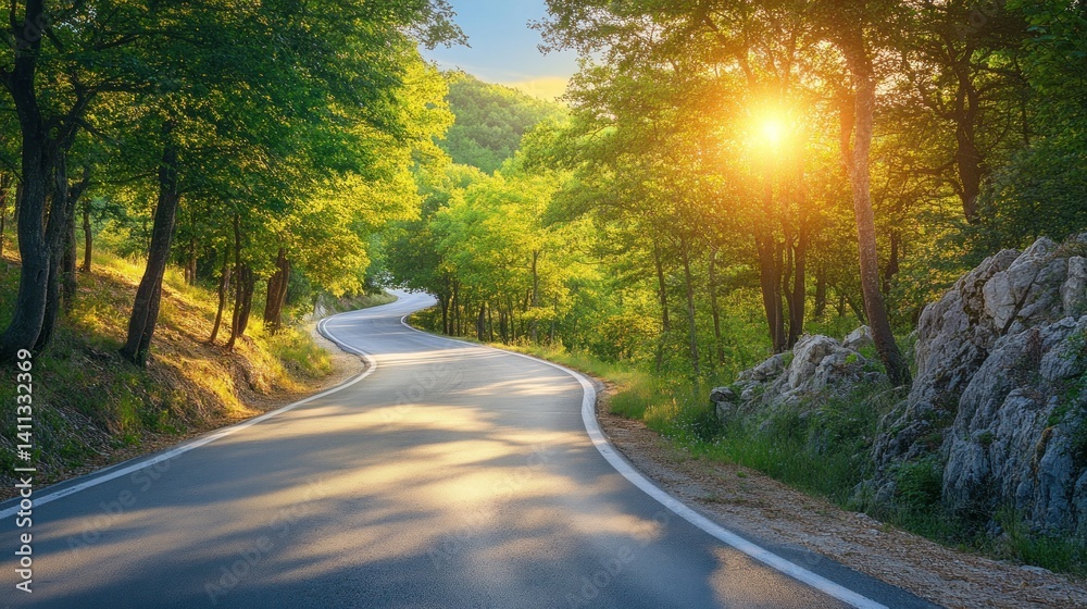 Fototapeta premium Scenic winding road through lush forest at sunset. Sunlight streams through trees casting shadows on the asphalt