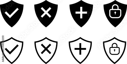 shield icon set. shield with tick mark and plus mark. Medical Protection symbol. Healthcare medicine protected guard shield concept
