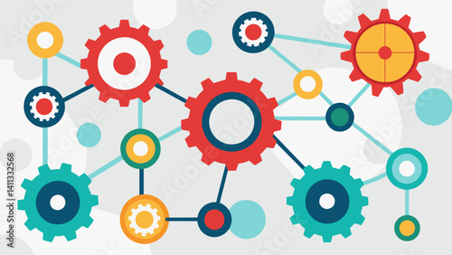 A network of gears rotating and interlocking signifying the smooth exchange of data between different equipment and devices.. Vector illustration