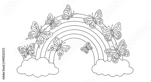 Line art coloring page a4 featuring a rainbow and butterflies for kids


