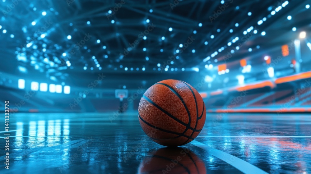 a vivid close-up of a basketball resting on a glossy court under a futuristic arena, illuminated by bright blue lights that highlights the game's intensity and futuristic setting a vivid close-up of a basketball resting on a glossy court under a futuristic arena, illuminated by bright blue lights that highlights the game's intensity and futuristic setting