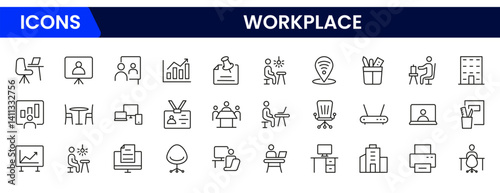 Workplace icon outline set. Containing job, working, employee, project, teamwork, employment, meeting, appointment, and more. Vector line icons collection.