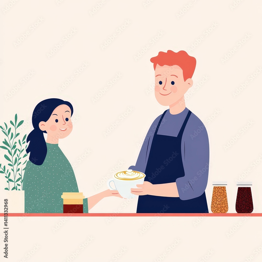Friendly Barista Serving Coffee to Customer in Cozy Café Setting Friendly Barista Serving Coffee to Customer in Cozy Café Setting