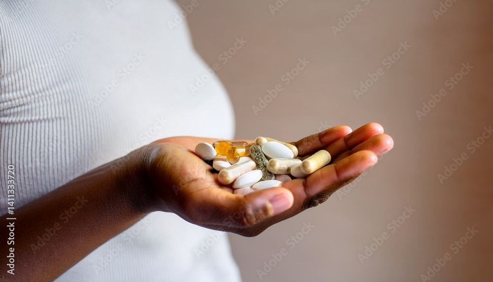 A close-up image features a woman's hand gently holding a small assortment of dietary supplements—a mix of capsules, softgels, and tablets in muted tones of beige, amber, and white. A close-up image features a woman's hand gently holding a small assortment of dietary supplements—a mix of capsules, softgels, and tablets in muted tones of beige, amber, and white.