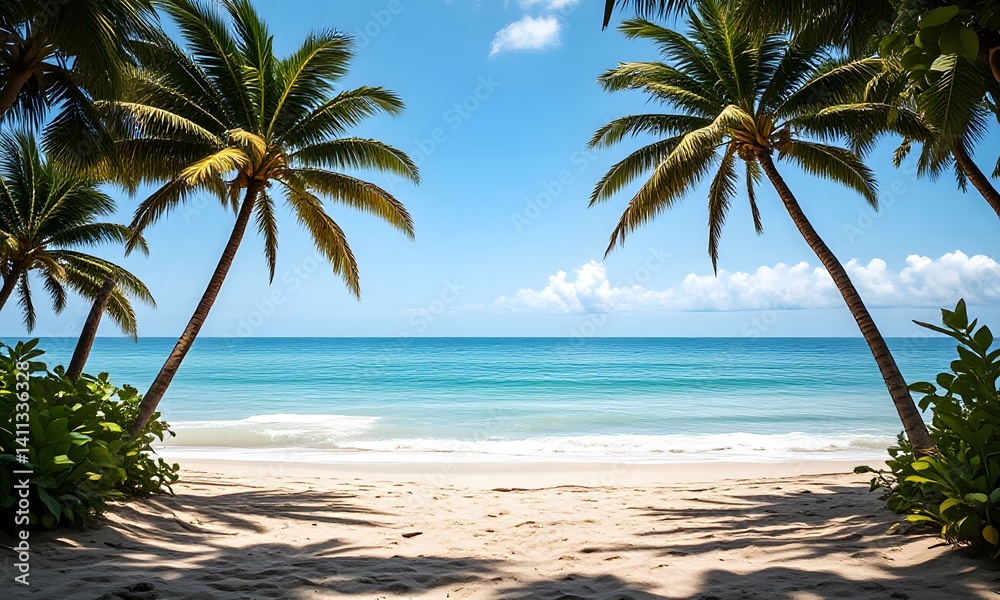 Fototapeta premium A tropical beach with blue water and palm trees.