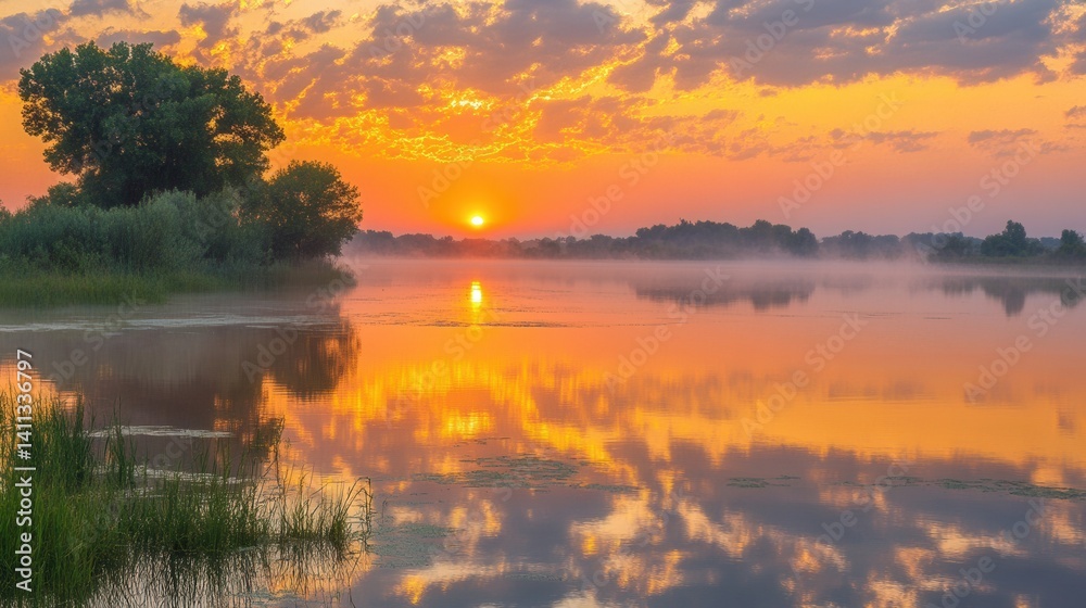 Fototapeta premium Serene sunrise over a misty lake