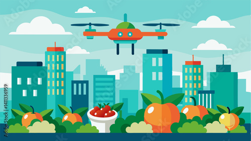 Hightech drones hover above a bustling urban farm collecting a variety of fresh produce to be distributed by air taxis to various businesses in the city.. Vector illustration