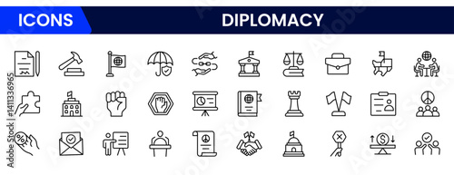 Diplomacy line icons collection. UI icon set in a flat design. Excellent signed icon collection. Thin outline icons pack. Vector illustration