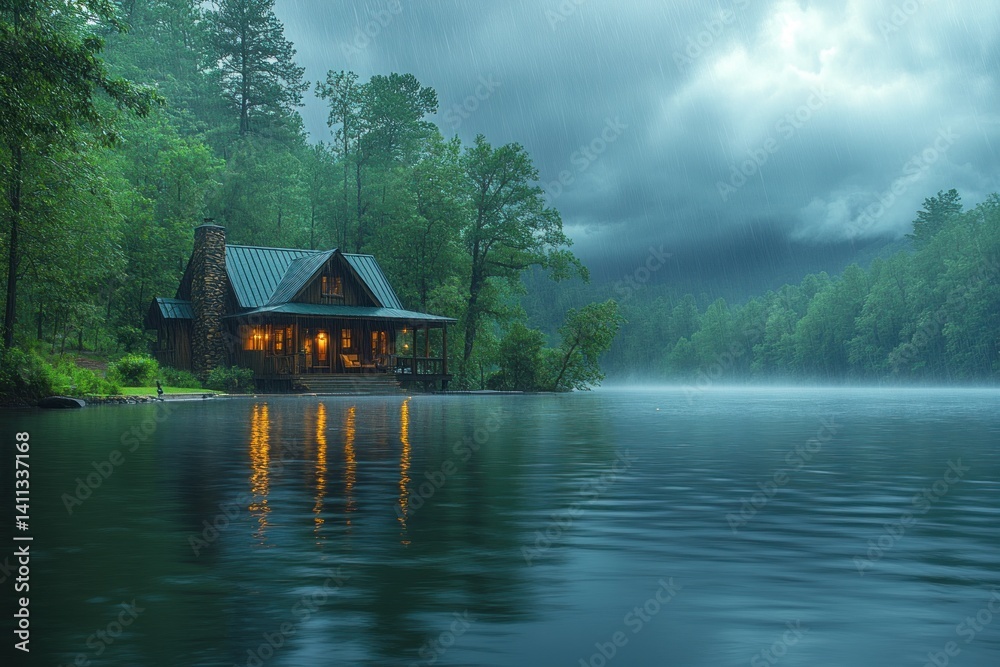 Lakeside cabin in the rain Lakeside cabin in the rain