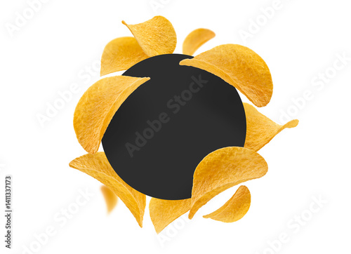 Potato chips on a white background with a black circle in the center