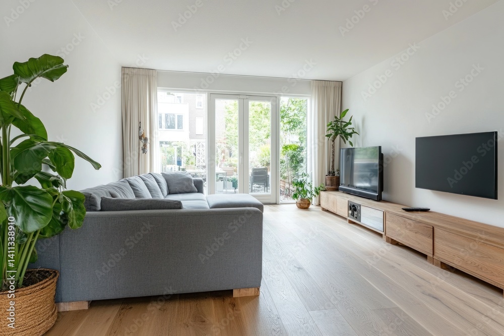 Fototapeta premium A modern living room interior with large open windows