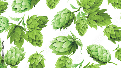 Green hop cones and leaves arranged in a seamless pattern against a dark background illustration art png
