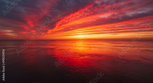 Fiery Sunset Over Calm Ocean - Vibrant red and orange sunset reflecting on a tranquil ocean surface. Stunning natural colors