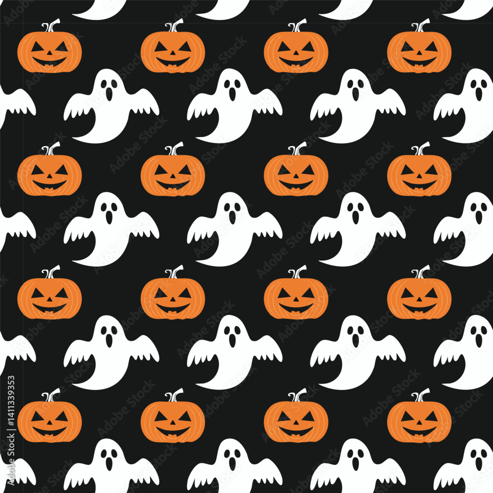 Obraz premium Halloween Pattern with Pumpkins and Ghosts on Black Background
