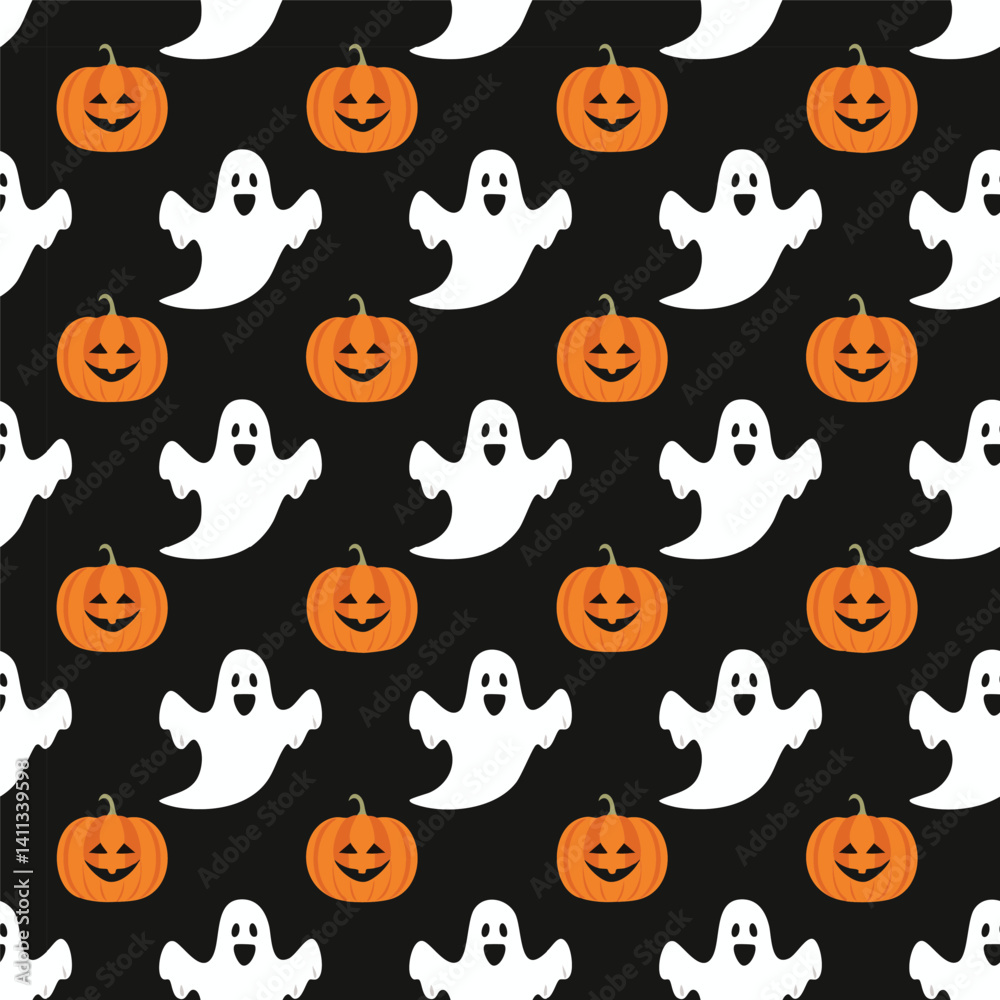 Obraz premium Halloween Pumpkins and Ghosts Pattern Vector