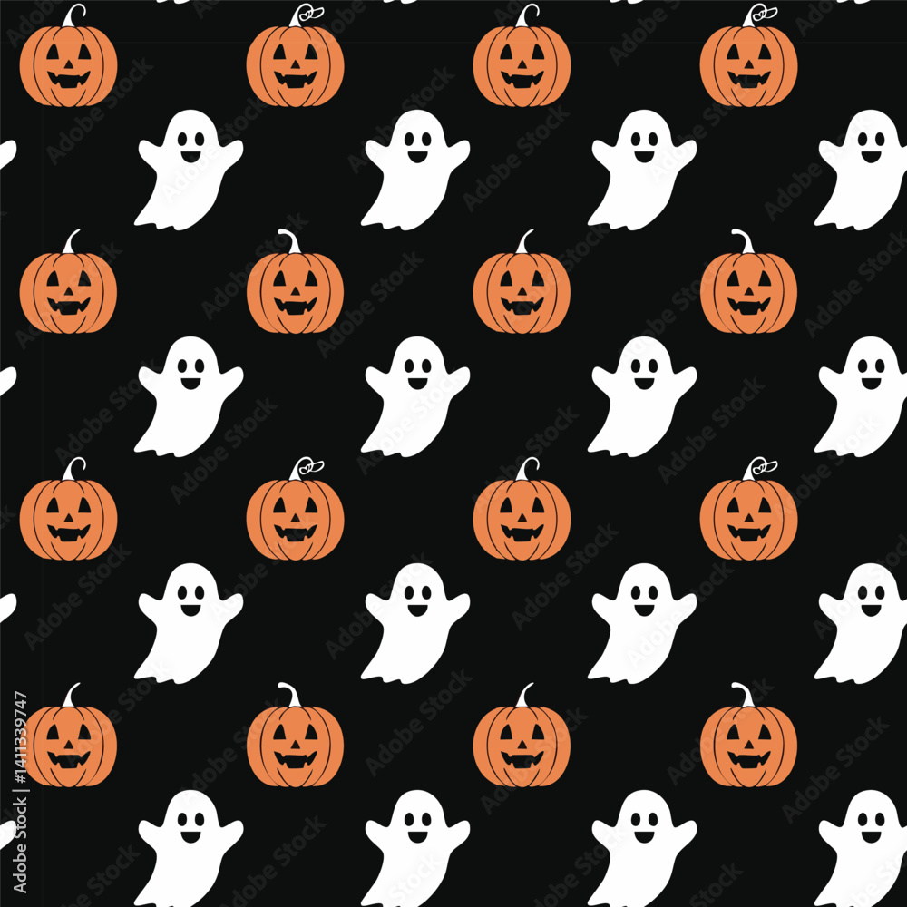 Naklejka premium Halloween Pattern with Pumpkins and Ghosts illustration