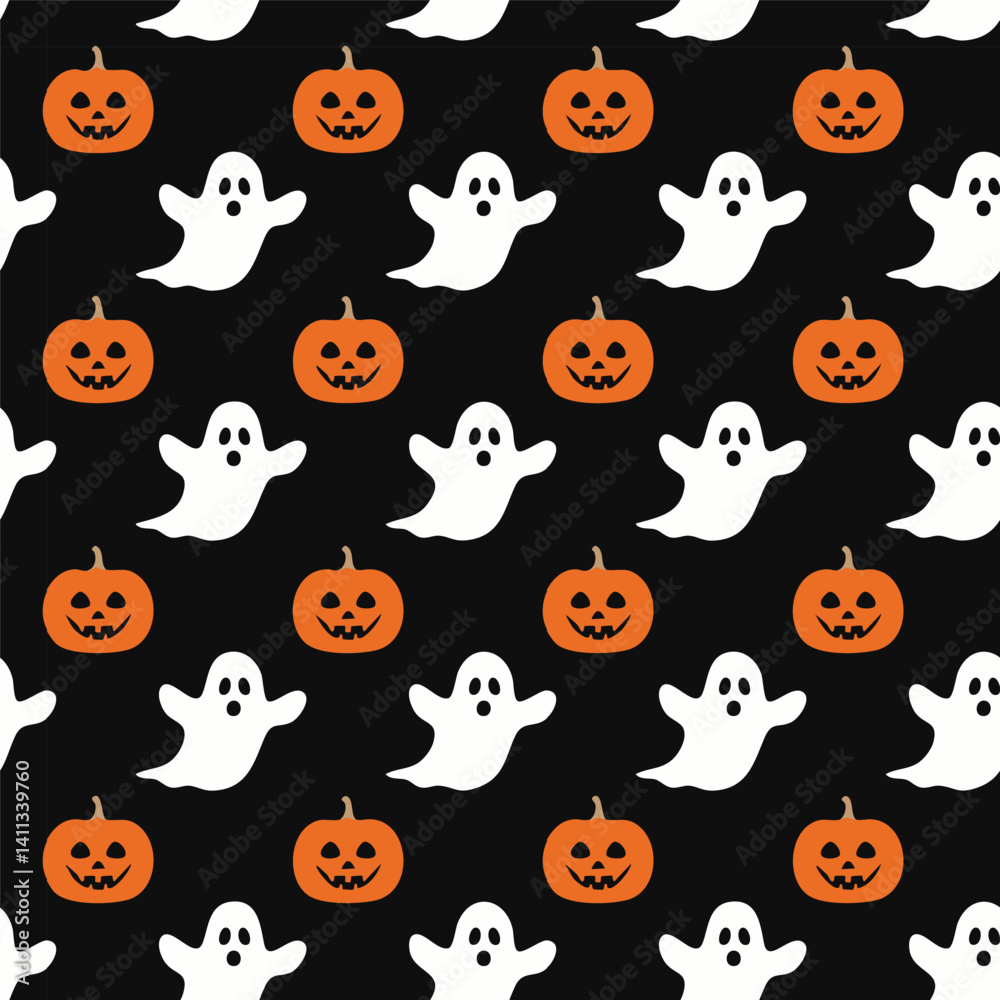 Fototapeta premium Halloween Pattern with Pumpkins and Ghosts illustration