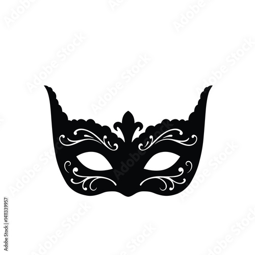 Elegant Black Venetian Mask With Decorative Swirls Vector Illustration