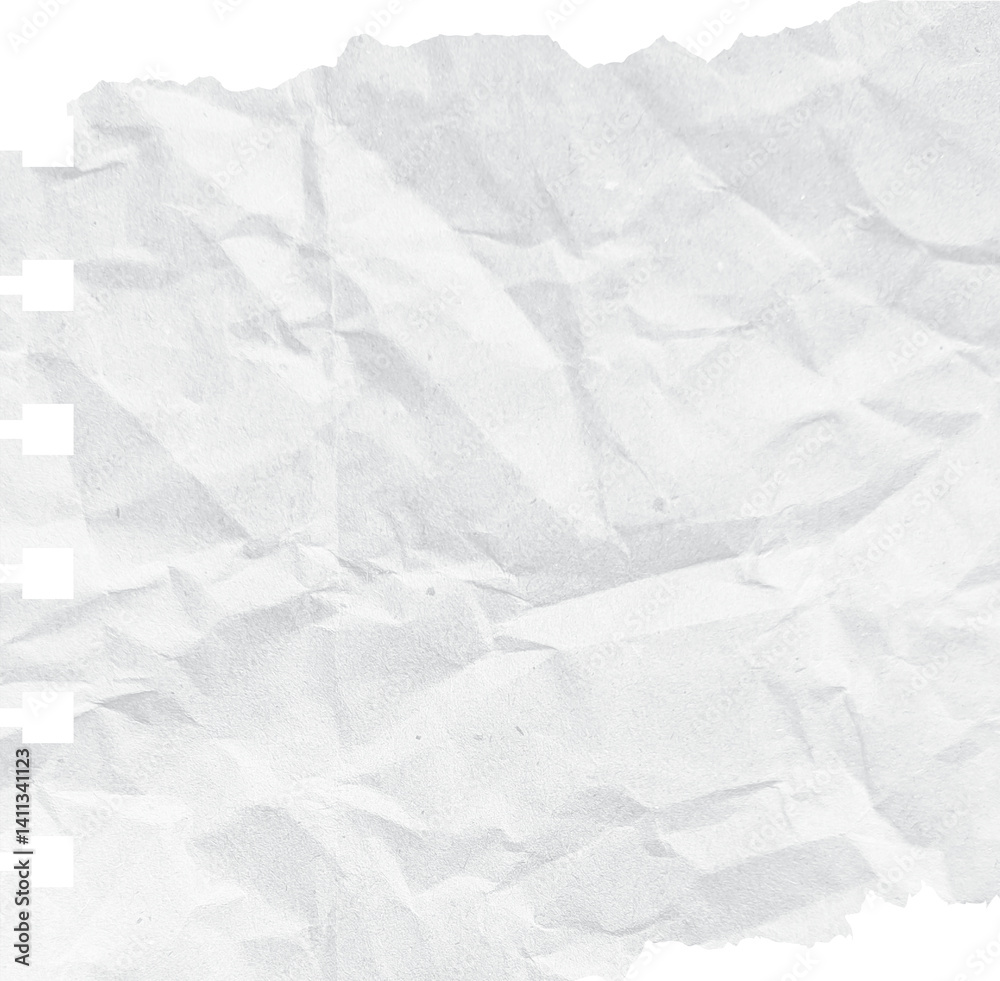 Fototapeta premium Crumpled white torn ripped notepaper sheet texture isolated on transparent background. Crumpled blank paper texture with torn edges